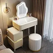Small Vanity Desk With Mirror And Lights,Vanity Desk With Tri-Color Adjustable Brightness,Sensor Ambient Lighting And USB Charging Port,Bluetooth Audio For Bedroom(Khaki,ROUND STOOL_23.6IN)