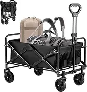 Menbyci Black Collapsible Folding Wagon, Portable Large Utility Cart, Heavy Duty Beach Wagon, Adjustable Handle Stroller Wagon, Outdoor Garden Camping Shopping