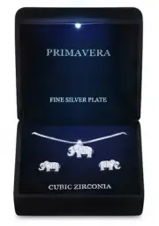 PRIMAVERA FINE SILVER PLATE CUBIC ZIRCONIA ELEPHANT NECKLACE & EARRINGS SET