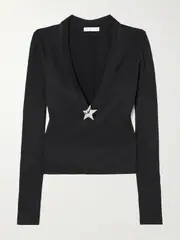 [AREA] AREA - Embellished Ribbed-jersey Top - Black - medium medium Black
