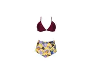 Women Halter Printed High Waisted Bikini Swimsuit Set - Wine Red