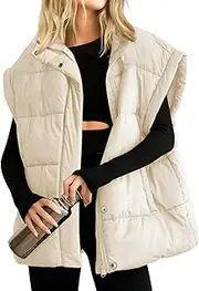 [Songling] Womens Oversized Puffer Vest Stand Collar Full Zip Sleeveless Bubble Puffer Vest Quilted Padded Warm Coat Outwear