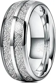 [Three Keys Jewelry] Silver Tungsten Wedding Ring Imitated Meteorite Inlay Bands for Men Women 4mm / 6mm / 8mm