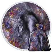 Flowers Birds and Beautiful Magical Unicorn Horse Round Beach Towel