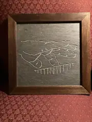 Slate ART Carved Etched Piano Keyboard Silver Outline Framed Signed GIFT OOAK