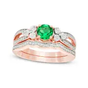 5.8mm Lab-Created Emerald and 0.20 CT. T.W. Diamond Tri-Sides Bridal Engagement Ring Set in Solid 10K Rose Gold