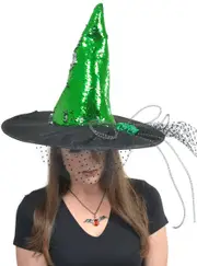 Reversible Green Sequin Deluxe Witch Costume Hat