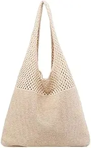 [Shusmda] Retro Crochet Beach Handbag for Girls,Summer Hollow Out Hand Woven Bag,Women Hollow Knitting Handbag, Khaki