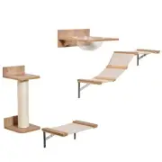 PawHut Wall-Mounted Cat Climbing Shelf Set, 4PCs with Hammock, Scratching Post,