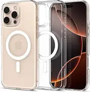 SPIGEN Ultra Hybrid MagFit for iPhone 16 Pro Case, Compatible with MagSafe Magnetic Ring, Air Cushion Bumper Technology Hard PC Back Raised Edges Cover - Clear Case/White Ring