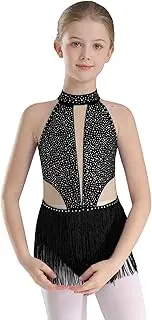 [Moggemol] Girls Sparkly Tuxedo Tassel Leotard Latin Dance Dress Samba Salsa Rumba Jazz Dance Performance Costume