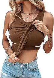 [xyunluk] Chic-Me Tank Top with Bra Round Neck Ribbed Tank Top with Built in Bra Built in Bra Tank Tops for Women(Brown,Small)