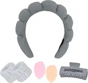 [CAVETEE] Skincare Headband for Washing Face, Spa Headband Wristband, Hair Claw Clips and Makeup Sponge,Bubble Headband Makeup Headband for Women Girls, Gray