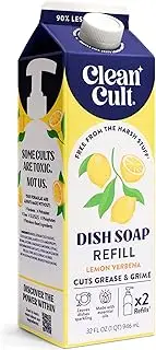 Cleancult Dish Soap Liquid Refills (32oz, 1 Pack) - Dish Soap that Cuts Grease & Grime - Free of Harsh Chemicals - Paper Based Eco Refill, Uses 90% Less Plastic - Lemon Verbena