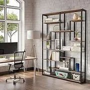 Luxsuite Bookshelf 7 Tier Tall Bookcase Display Shelf Storage with Open Display Shelves Industrial Metal Framed Black for Living Room Bedroom Home Office Rustic Dark Walnut