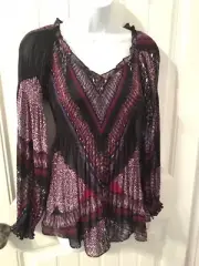 Valerie Stevens Boho Accordion Pleated V-Neck Peasant Sleeve Top Size Small NWT