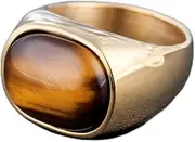 [QUGOO] Silver Rings Vintage Brown Stones Ring Men and Women Stainless Steel Oval Bands Finger Ring Jewelry Silver Rings for Women (Color : Gold, Size : 11)