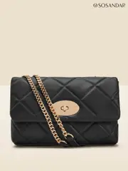 Sosandar Black Faux Leather Quilted Clasp Detail Cross Body Bag (190707) | $104