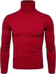 [Gsywaipei] Men's Turtleneck Knitted Sweaters Winter Wool Long Sleeve Knit Pullovers Casual Fit Twisted Pullover Solid Sweater, Red, XL