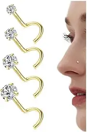 [Sanfenly] 14K Gold Filled Nose Studs 316L Surgical Steel Gold Nose Rings Studs 6A CZ Simulated Diamond Corkscrew L Shaped Nose Piercing Hypoallergenic Nose Rings for Women Men 20G