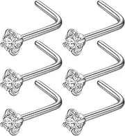 [Aestustheri] 6Pack 316L Surgical Steel Nose Studs - Nose Piercing Jewelry for Women - Nose Studs Sterling Silver Design - Ideal for Nostril Piercing - Comfortable Fit, 0.8*7, Stainless Steel, Zircon Gemstone