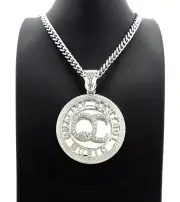 HIP HOP ICED SILVER PT QC QUALITY CONTROL PENDANT & 24" CUBAN CHAIN NECKLACE