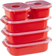 Decor Microwave Safe Food Container Set Pack of 5 Red Oblong Shape with Lids Pla
