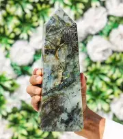 Large 245MM Flashy Green Labradorite Stone Chakra Metaphysical Point Tower