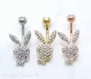 CRYSTAL LICENSED PLAYBOY DANGLE BELLY BUTTON SILVER 14K YELLOW ROSE GOLD IP RING