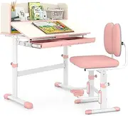 Kids Study Table and Chair Set, Height Adjustable Children School Study Desk with Tilt Desktop, Storage Drawer and Pen Holder, Ergonomic Kids Deck Chair with Double Back for Boys and Girls (Pink)