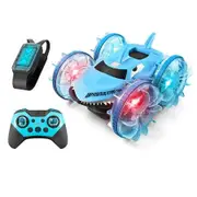 Blue Amphibious RC Car with Lights Gesture Hand Remote Control Boat 4WD 2.4GHz Waterproof RC Stunt Car 360 Rotating Water Beach Pool Toys Gift