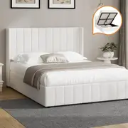 Oikiture Bed Frame Double Size Gas Lift Base with Storage Boucle Fabric White