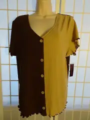 NOBO 50/50 Button Front Top Short Sleeve Size XXXL Extra Large 21 Brown Tan NWT