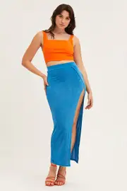 Blue Jersey Elastic Waist Front Split Midi Skirt - Size 10, Women's Midi Skirt
