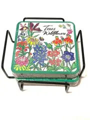 Set of 8 Texas Wildflowers Coasters with Metal Holder