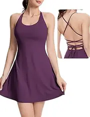 [M MOTEEPI] Womens Open Back Tennis Dress Sleeveless Built in Shorts and Bra Golf Athletic Dress with Pockets