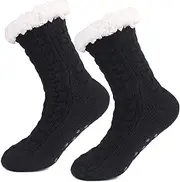 Women Slipper Fuzzy Socks, MH MOIHSING Winter Ladies Cozy Fluffy Cabin Warm Fleece Soft Comfy Thick Non Slip Home Socks Sherpa Lined Slipper Socks, Black