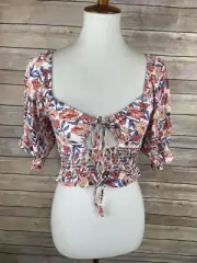 Kendall Kylie Small NWT Crop Top Tie Front Boho Floral Stretchy Elastic Ruffled