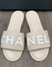 CHANEL CHA NEL LOGO BEIGE LEATHER FLAT SHOES SLIDES MULES 38