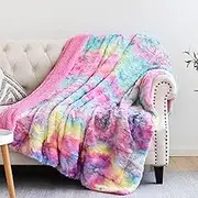 NEWCOSPLAY Super Soft Faux Fur Throw Blanket Premium Sherpa Backing Warm and Cozy Throw Decorative for Bedroom Sofa Floor (Dark Rainbow, Throw(40"x50"))