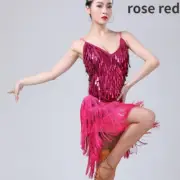 Women Sleeveless Sequin Fringe Dance Dress Shiny Strappy Latin Dancewear Costume