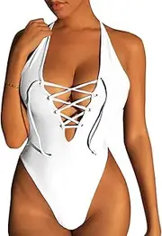 [ZileZile] Women's Sexy Summer Deep V Neck Lace Up Strappy Cross Backless Monokini High Waist Bathing Swimsuits