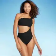 Shade & Shore Womens Ribbed 1-Shoulder Cut-Out Cheeky 1 Piece Swimsuit Black XS