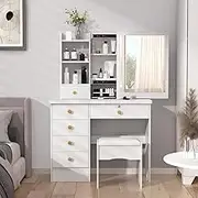Modern Vanity Table with LED Lights Adjustable Brightness Mirror 6 Drawers Mirror and Stool Makeup Table with 3 Open Shelves for Bedroom White