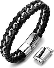 [Halukakah] Kids ● Solo Junior ● Boy's Genuine Leather Bracelet Black 6-12+3 Y/O. Titanium Golden/Silver Chain Magnetic Clasp Size Adjustable 7"-7.7"(18-19.5cm) with Free Giftbox