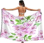 [RPLIFE] Pink Flowers Floral White Sarong Beach Coverup, Tassel Sarong Wrap, Pool Skirt Wrap, Long Sheer Sarong, Pink Flowers Floral White, Medium