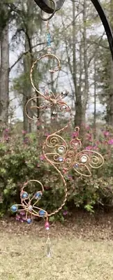 Copper Wire Wrapped Beaded Suncatcher With a Butterfly And Flowers