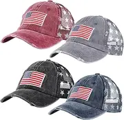 [Jecery] 4 pcs American Flag Hat Unisex Embroidery Washed Distressed Cotton Patriotic Baseball Cap Adjustable Trucker Hat, Black, Gray, Red and Blue, One Size