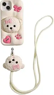 [QoKcoahn] Case for iPhone 12/12 Pro,Cute 3D Kawaii Phone Cases Funny Dog Stand White Cartoon Cover with Keychain Soft Silicone Gel Drop Protection Case Women Girls for iPhone 12/12 Pro