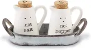 Farmhouse Inspired Ceramic Aluminum Salt and Pepper Caddy Set, One Size, White